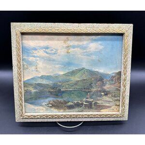 Vintage Framed Lake Mountain Art Print Wall Hanging Mid Century Landscape Swim